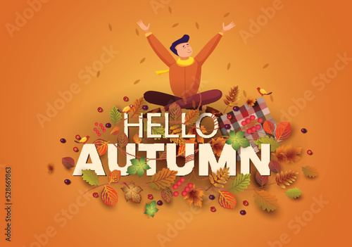 hello Autumn stylish background decorate with leaves and fruits. web banner. Vector illustration poster template design.