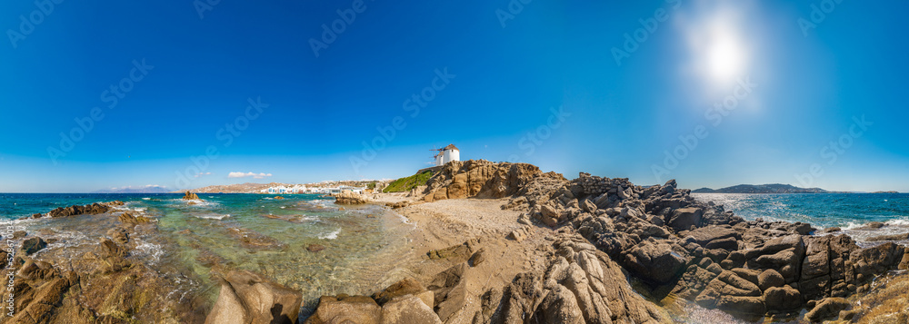 Obraz premium Mykonos windmills in Cyclades Archipielago, Greece.