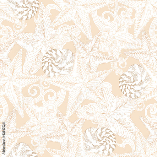 Shell and sea star ornamental sand seamless pattern for web, for print, or fabric fashion print
