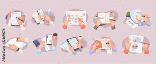 Work with schedule and documents, plan to organize business tasks. Cartoon isolated hands holding pencil and pen to write in diary, working with mobile planner app in phone. Set vector illustration.