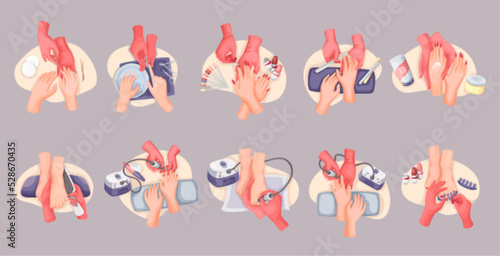 Manicure, pedicure and nail care set vector illustration. Beautician doing massage and bath for foot and hand of customer. Cartoon isolated hands of beauty salon worker hold nail polish and file