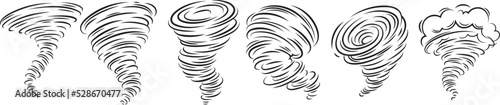 Tornado line icons set vector illustration. Spiral whirlwind and hurricane with speed whirls and funnels, danger wind symbols of storm weather and extreme tornado disaster in nature, speed cyclone