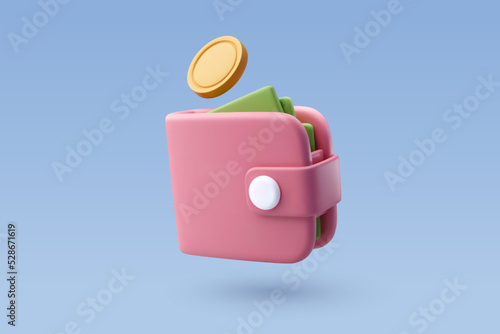 3d Vector Money wallet with green cash and gold coins, Online payment concept.