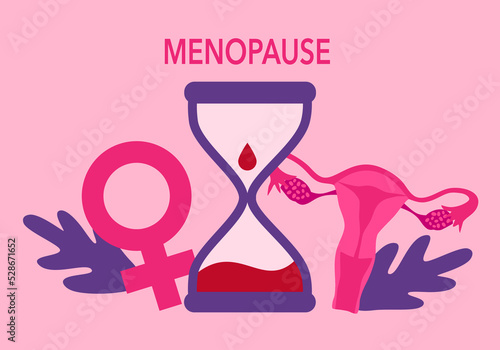Menopause concept vector illustration. Pink uterus, hourglass and female gender icon in flat design.