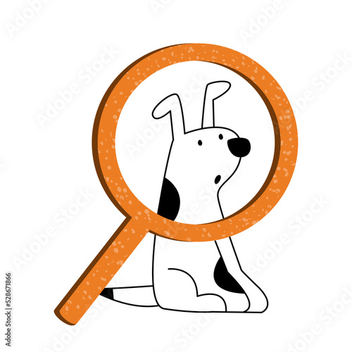 A dog looking through a magnifying glass.