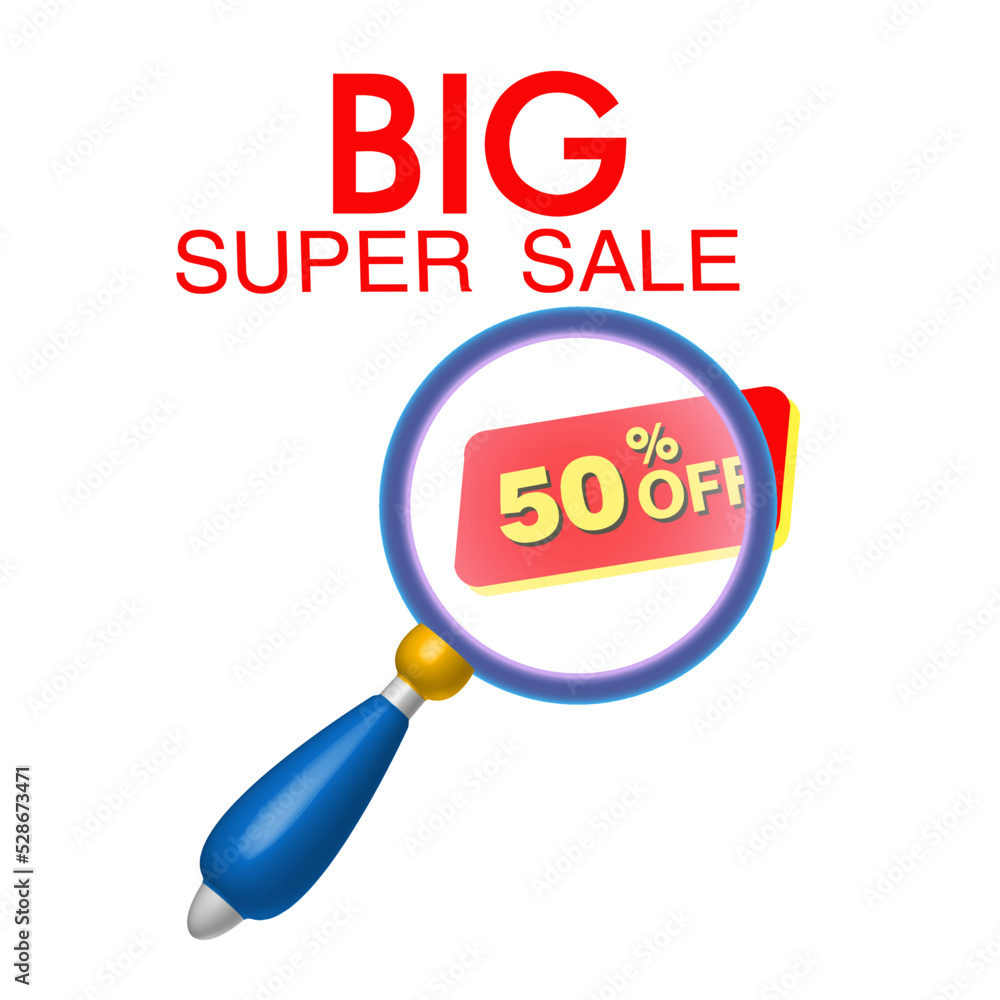 Magnifying glass. Design of a super sale banner template
for promotions on a white background, 3d images. Magnifying glass. Design of a super sale banner template
for promotions on a white background, 3d images.
