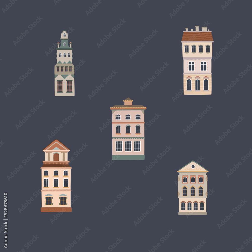 Cozy winter houses on dark background. European buildings drawing. Vector illustration.