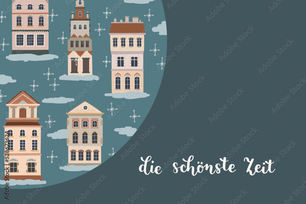 German Christmas greeting card design. Cozy winter houses on dark background. German hand lettering. Vector seasonal illustration.
