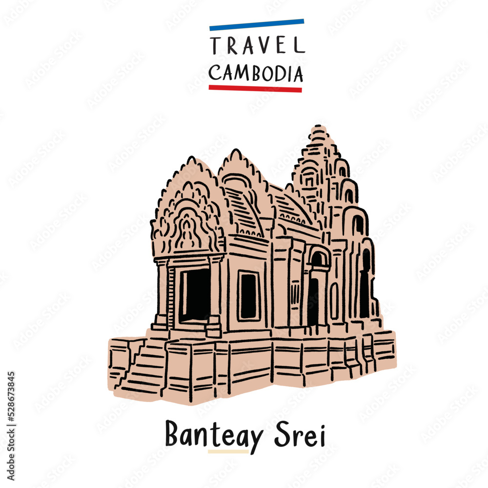 Banteay Srei Cambodia landmark Hand drawn color Illustration 