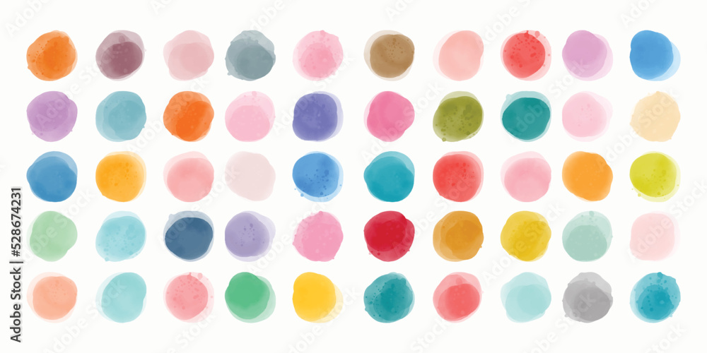 Set of colorful watercolor hand painted round shapes, stains, circles, blobs isolated on white. Elements for artistic design - obrazy, fototapety, plakaty 