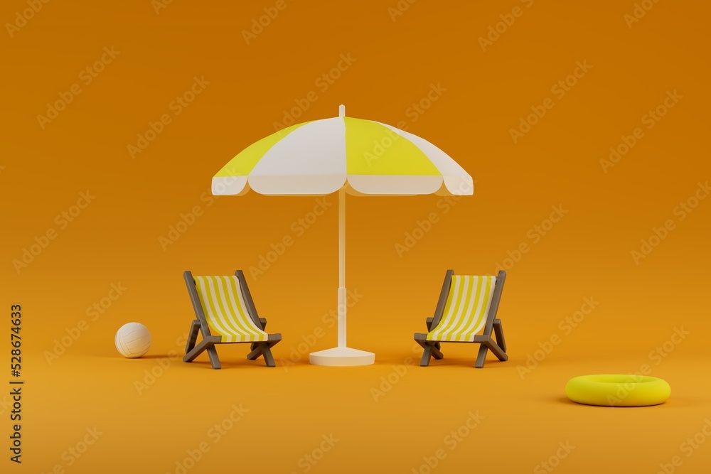 3D Illustration of vacation and relaxation at the sea with sun loungers and an umbrella