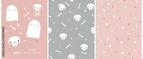 Cute Hand Drawn Halloween Card and Patterns. Little White Ghost on a Pink and Gray Background. Happy Halloween.Sweet Little Ghost, Bones, White Funny Skulls and Stars. Starry Seamless Vector Pattern. 
