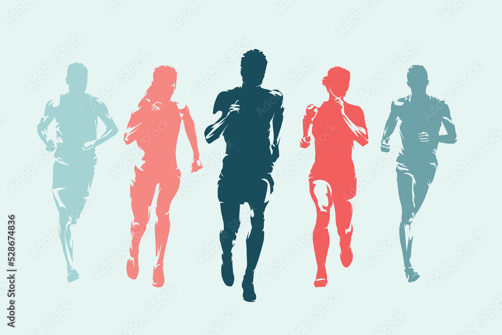 Run, group of running people, men and women, front view. Set of isolated vector silhouettes, ink drawing