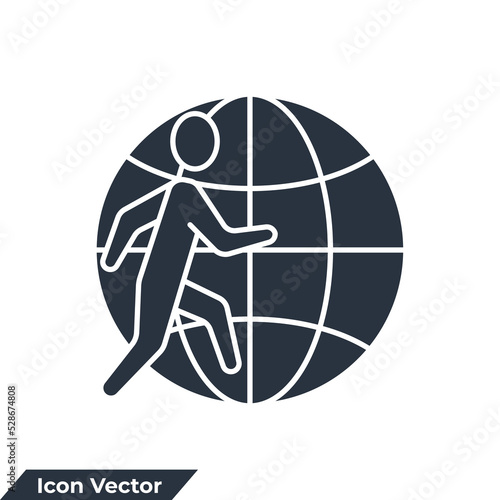 outsourcing. people run on globe icon logo vector illustration. outsource symbol template for graphic and web design collection