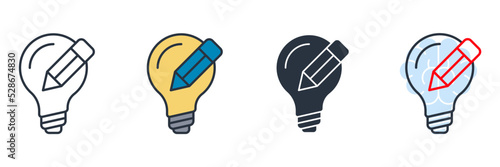 Light bulb and pencil icon logo vector illustration. innovation symbol template for graphic and web design collection