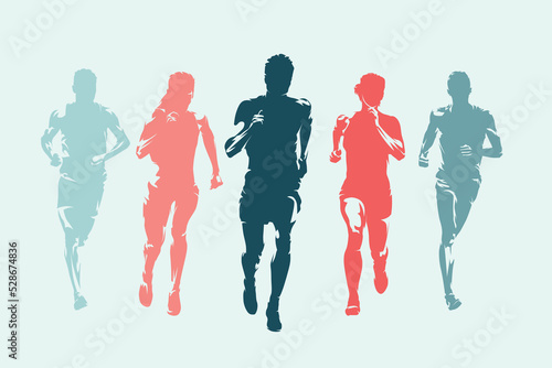 Obraz na płótnie Run, group of running people, men and women, front view. Set of isolated vector silhouettes, ink drawing w salonie
