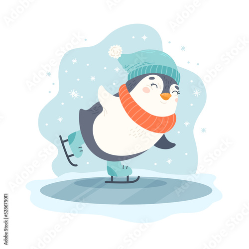 Penguin skating. Winter character with hat and scarf ice skates on ice rink. Cute seasonal vector illustration in flat cartoon style