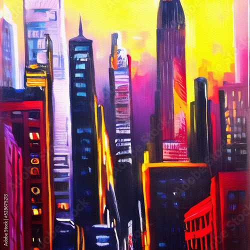 Night in New York, NY. Oil painting modern impressionism art. Bright vibrant colors of neon night city. Avenue, houses, road traffic lights, skyscrapers, Manhattan. Wall art print, greeting template