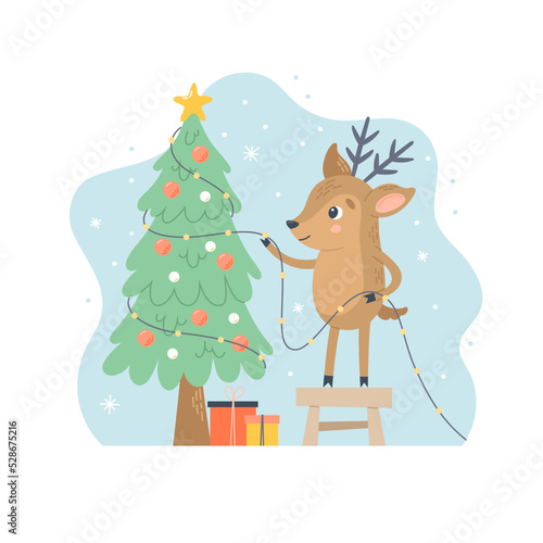 Deer decorating christmas tree. Winter character with decorations and gifts. Cute christmas seasonal vector illustration in flat cartoon style