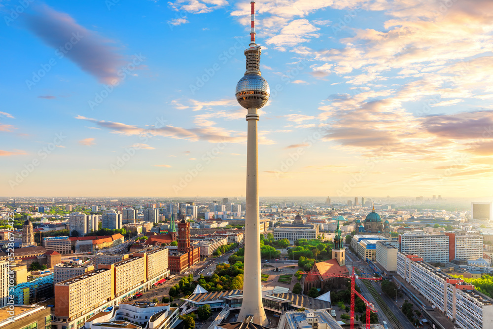 Beautiful aerial panorama of Berlin at sunset, Germany