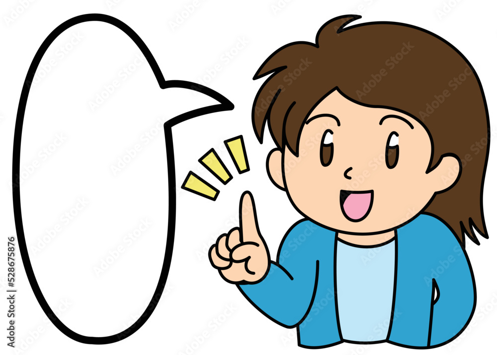 シンプルな丸吹き出しと人差し指を立てる女性　その1
