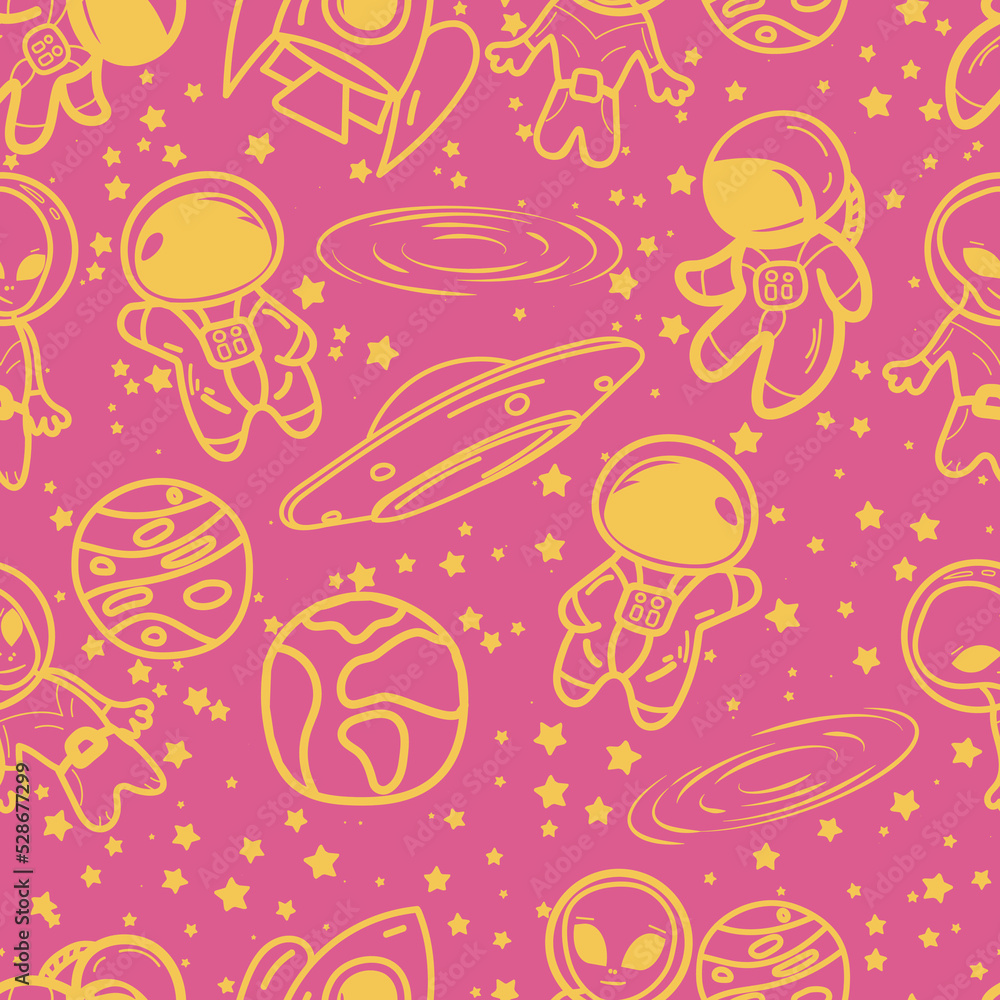 incredibly interesting and cute space doodle with flying saucer, rocket, planets, stars and aliens. Beautiful print for wallpaper and clothes in vector. Pattern. Part of color set