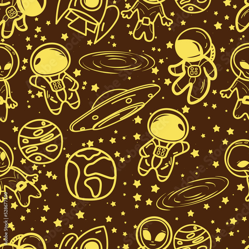 incredibly interesting and cute space doodle with flying saucer  rocket  planets  stars and aliens. Beautiful print for wallpaper and clothes in vector. Pattern. Part of color set
