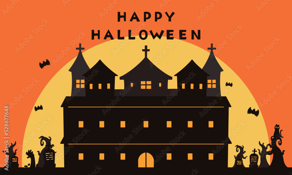 月明かりに照らされるお城のハッピーハロウィン背景（オレンジ）　Happy Halloween background of a castle in moonlight (orange)