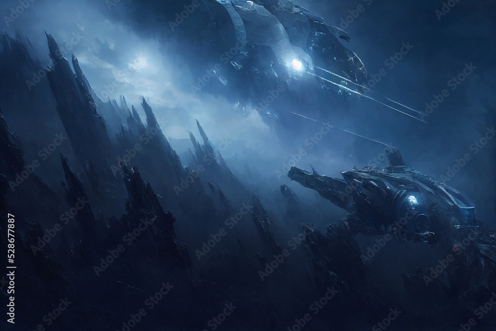 Space battleships flying in unknown planet environment, digital illustration and gaming art