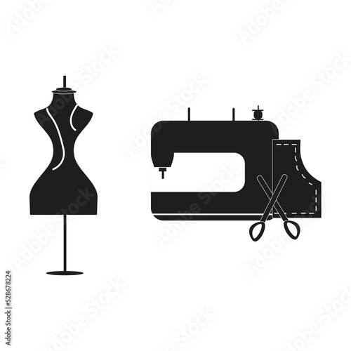 Cartoon sewing machine, scissors, pattern. Vector