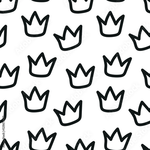 Abstract crown seamless pattern, black and white texture, hand-drawn background, premium queen king wallpapers, luxury endless ornament, repeating print. Doodle vector illustration