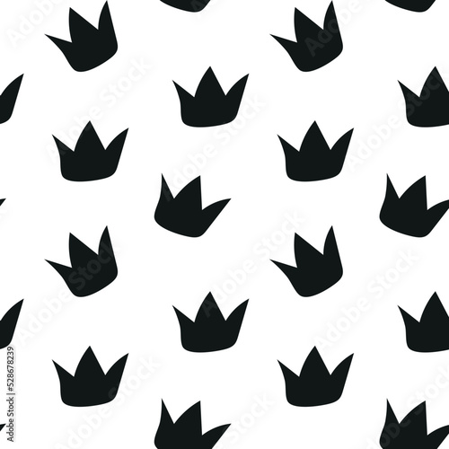 Abstract crown seamless pattern, black and white texture, hand-drawn background, premium queen king wallpapers, luxury endless ornament, repeating print. Doodle vector illustration