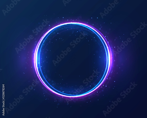Purple electric light for banner. Round circle picture frame with two tone neon color shade motion graphic. Violet light moving. Pink, blue glow rings. Glowing neon line in form circular path. Vector.