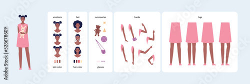 Character diy kit. Vector flat design people illustration. Woman constructor element set. African young girl avatar with various emotion, hair, skin, accessories, hand and leg construction elements