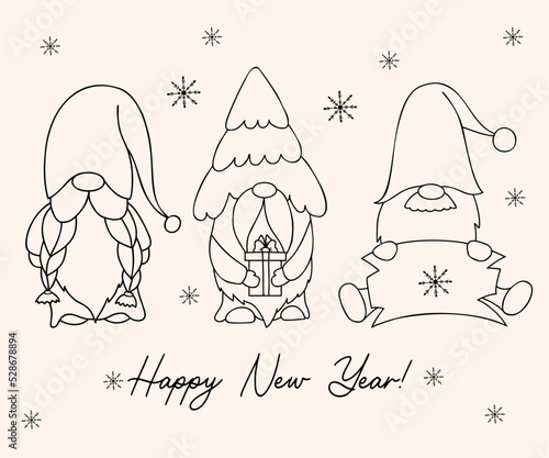Linear collection New Year cute gnomes. Winter gnome with christmas tree, gift and wooden signboard. Vector illustration. Hand drawing in doodle style. Isolated cartoon christmas characters.