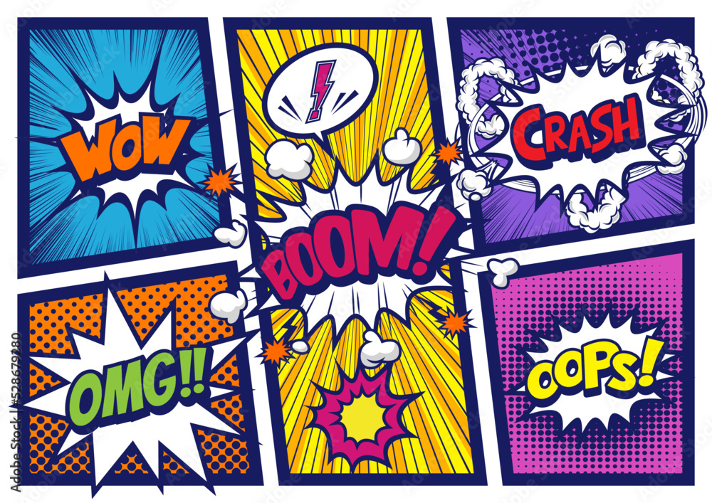 Fototapeta premium アメコミ風コマ割り素材 pop art comics book magazine, speech bubble, balloon, box message