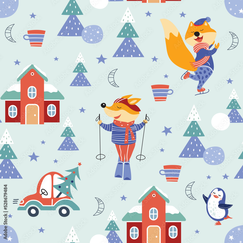 Seamless pattern with cute cartoon foxes, houses and winter accessories. Winter sports. Skiing and skating.