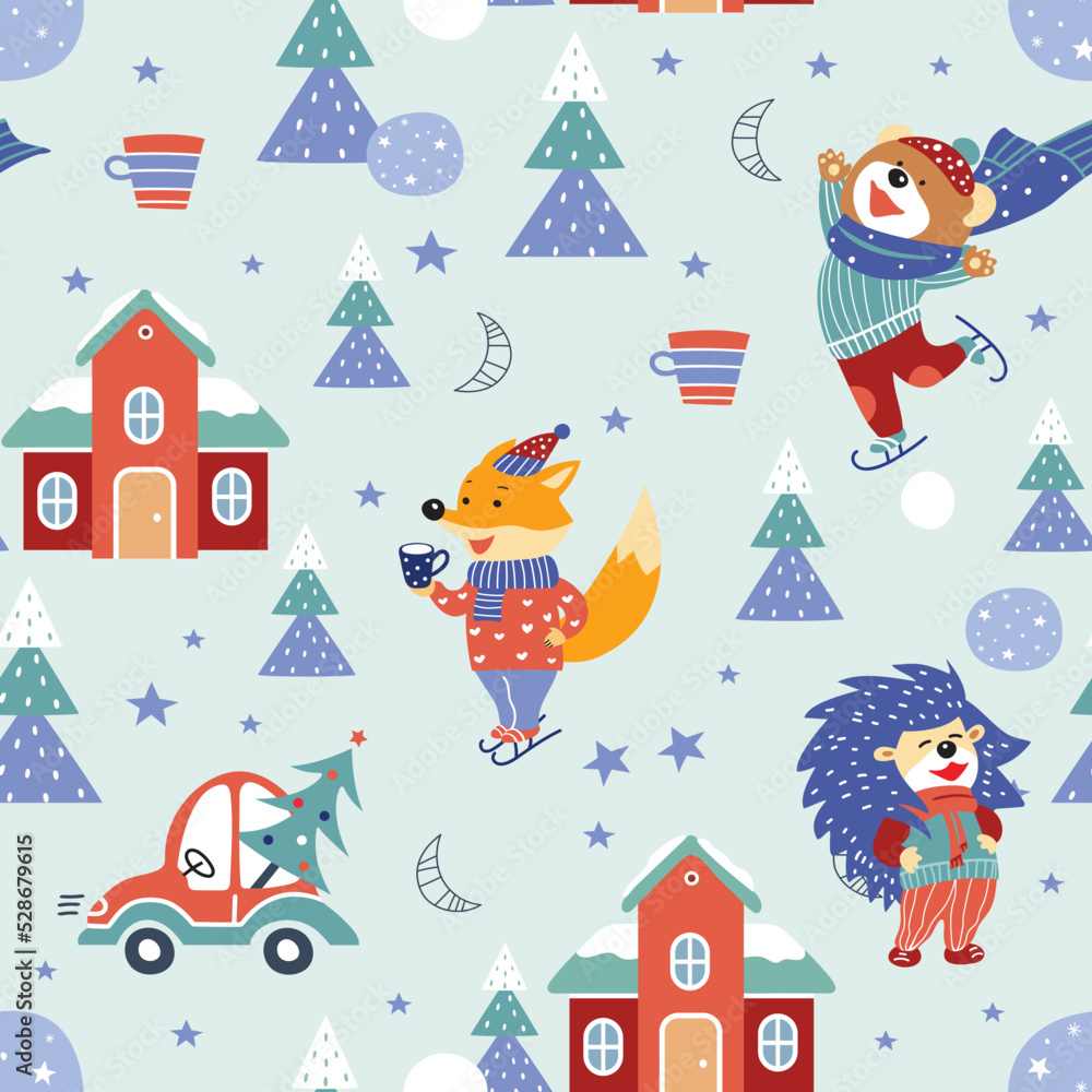 Seamless pattern. Winter sports. Cute cartoon foxe, hedgehog and bear.