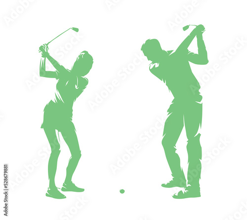 Golf, female golfer, abstract isolated vector silhouette. Golf swing logo