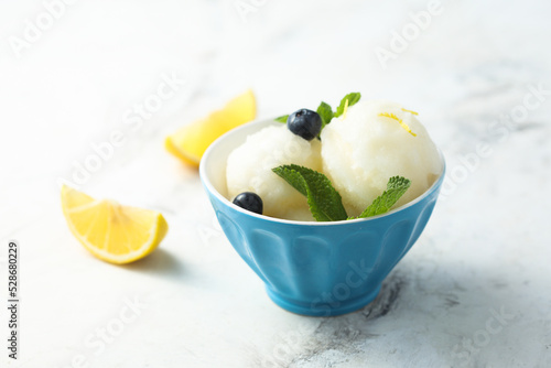 Homemade lemon sorbet with fresh mint photo