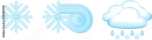 Set of 3D cartoon icon the weather forecast. Snow, blizzard and sleet. Vector illustration.