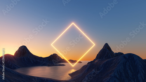 3d render  glowing neon rhombus over the mystic landscape with cliffs and water  sunset or sunrise. Modern minimal abstract background