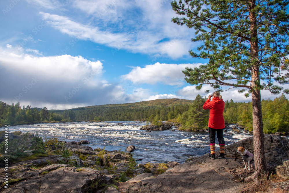Woman hiking in forest in Finland Lapland Woman hiking in forest in Finland Lapland