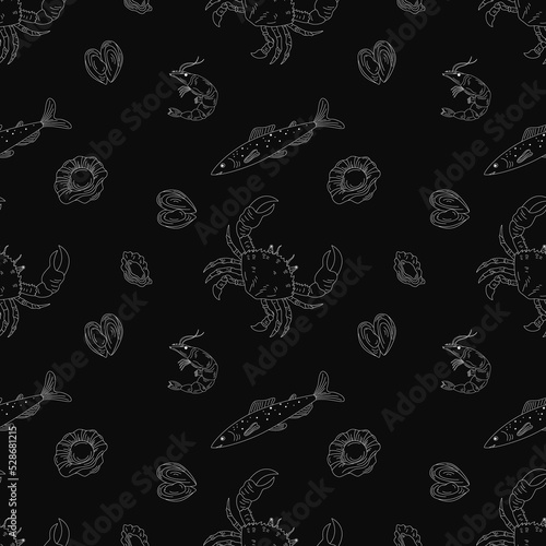 Seamless pattern with shrimp, fish, crabs and mussels on a black background, outline illustration. The concept of a seafood store, a restaurant menu, a print for clothes and more.