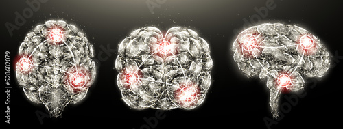 Polygonal illustration of human brain inflammatory disease on a dark background. Brain with inflammation. low poly design. Diseases of the nervous system medical banner, template or background.