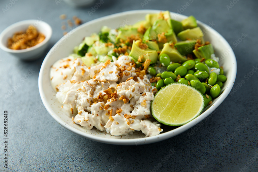 Homemade chicken bowl with avocado Homemade chicken bowl with avocado