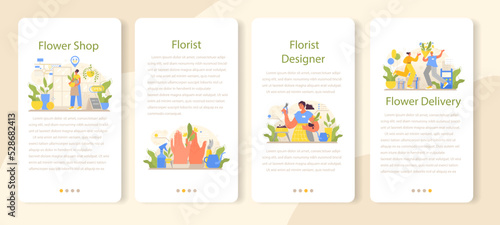 Florist mobile application banner set. Floral designer growing plants