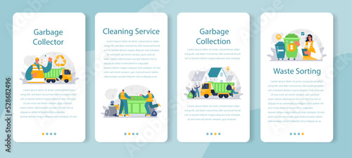 Grabage collector mobile application banner set. Cleaning worker emtying