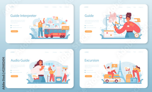 Tour vacation guide web banner or landing page set. Tourists listening