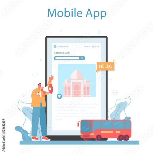Tour guide online service or platform. Tourists listening to the history